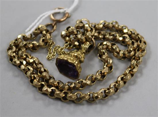 A 9ct gold facet link chain, with amethyst set seal, gross 14.8 grams.